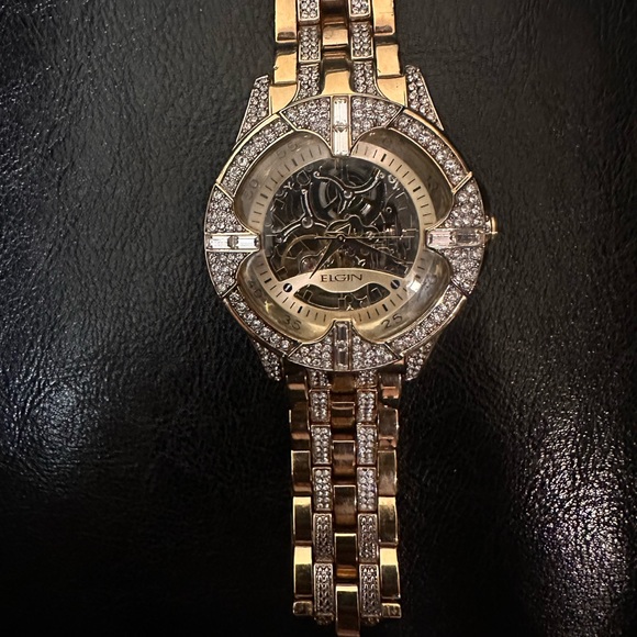 Elgin Men’s 14k Gold Plated Automatic Skeleton Luxury Watch with Lab Diamonds - Picture 4 of 5